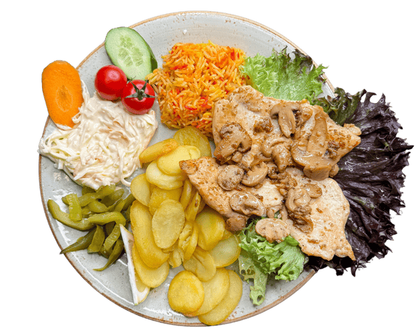 Delicious mixed platter with fresh vegetables and hearty chicken dish.