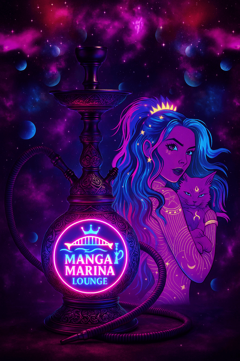 Shisha Lounge Nijmegen with vibrant neon sign and cosmic artwork.