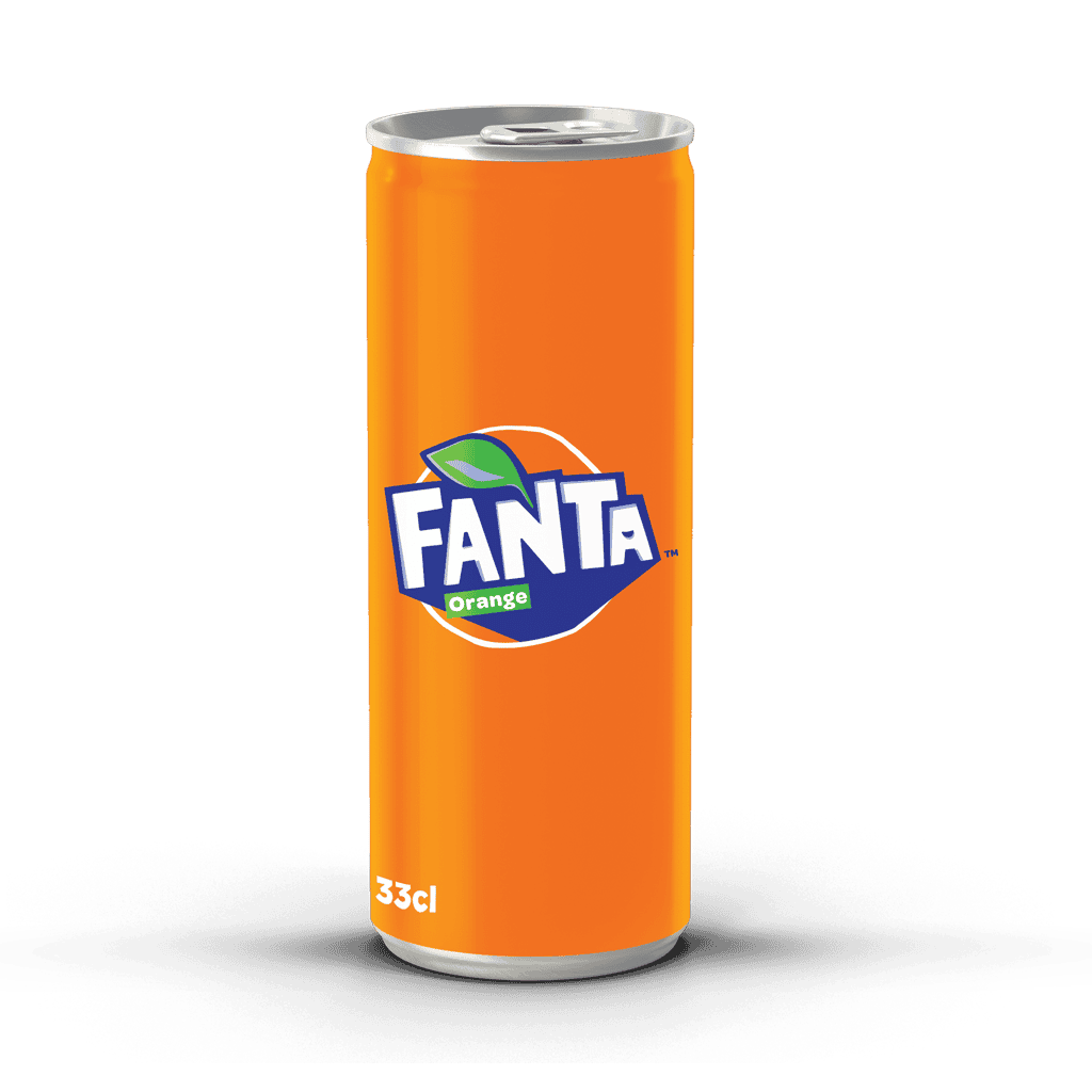 Fanta Orange soda can on a black background.