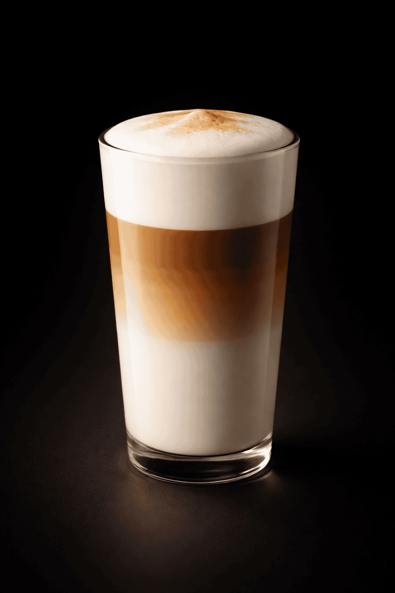 Latte coffee with foam and layered milk and coffee in a tall glass, served at Shisha Lounge Nijmegen.