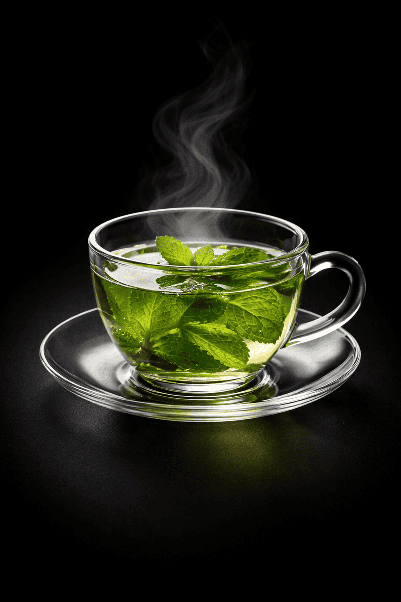 Hot mint tea with fresh mint leaves in a glass cup, steam rising, on a black background.