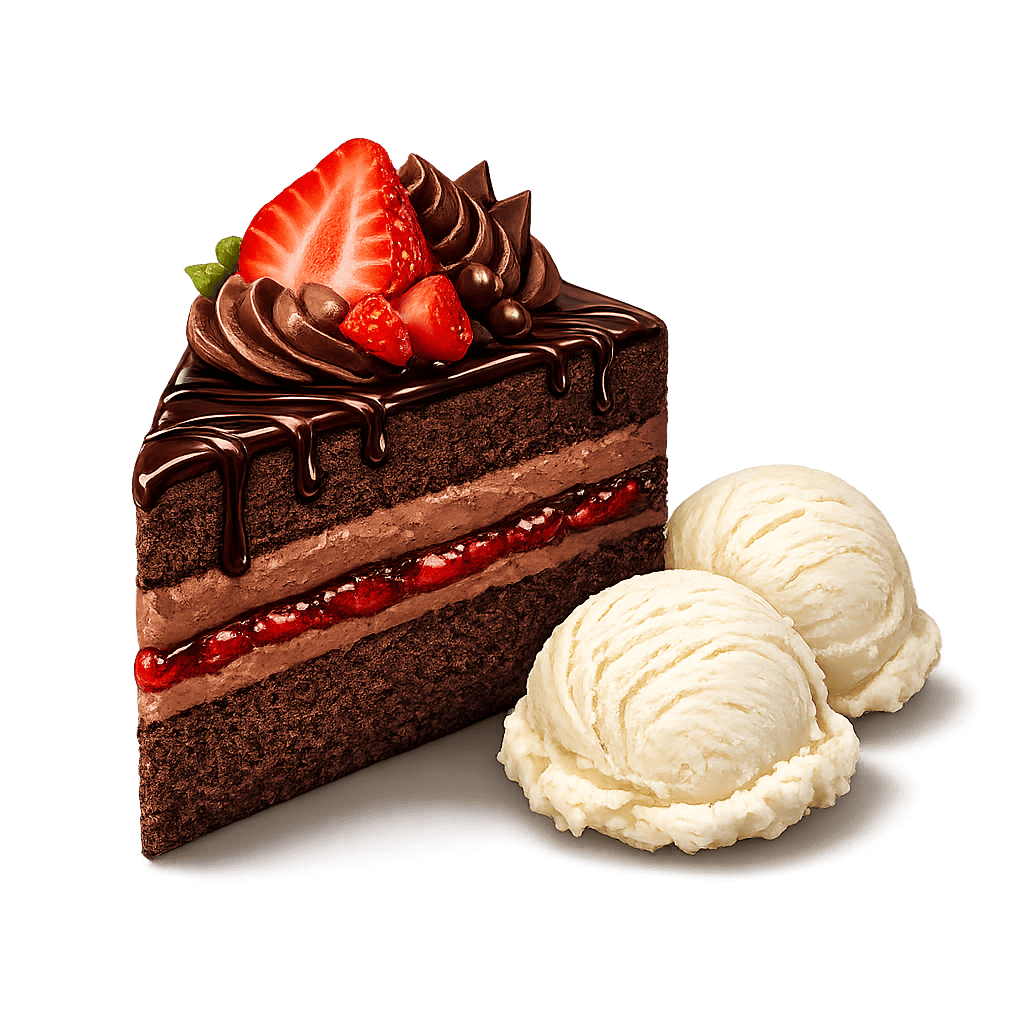 Delicious chocolate cake topped with strawberries and chocolate ganache, served with two scoops of v.