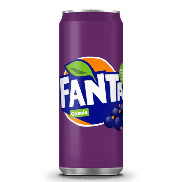 Can of Fanta Cassis with purple label and blackcurrant flavor.