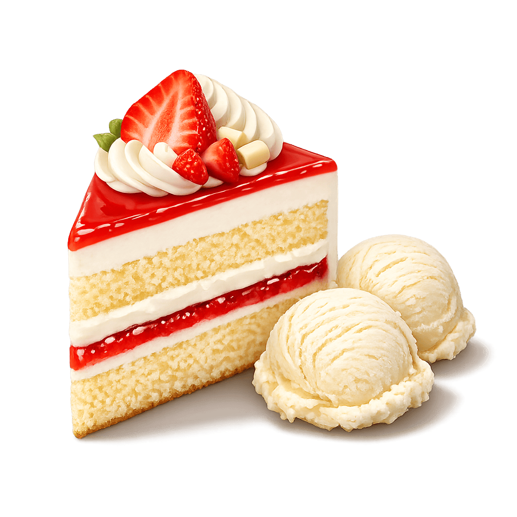 Delicious layered strawberry cake topped with fresh strawberries and whipped cream, served with two.